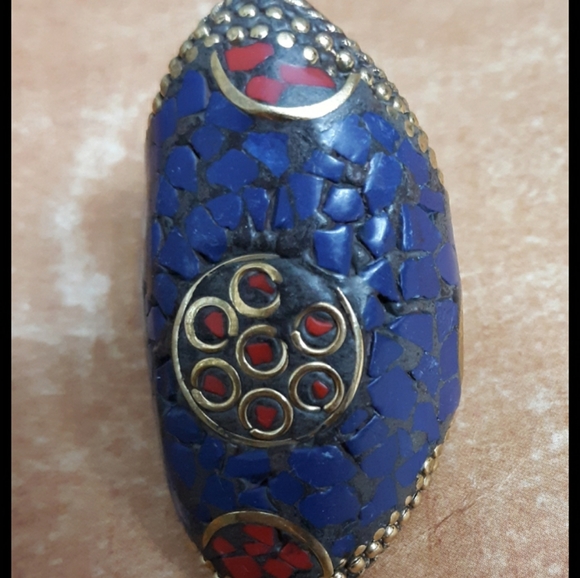 New Tribal Lapis Lazuli & Coral Silver Brass Statement Ring. - Picture 7 of 8